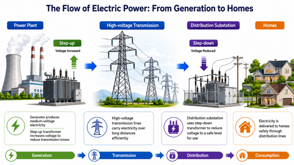 The left side displays a power plant (Step-up), the center displays high-voltage power towers, and the right side displays a distribution substation and houses (Step-down).