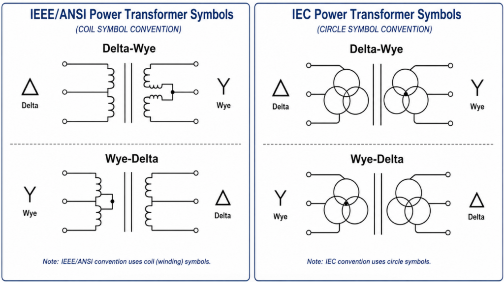 Left side: IEEE/ANSI power transformer symbols (the overlapping squiggly lines for windings). Right side: IEC power transformer symbols (the overlapping circles). 
