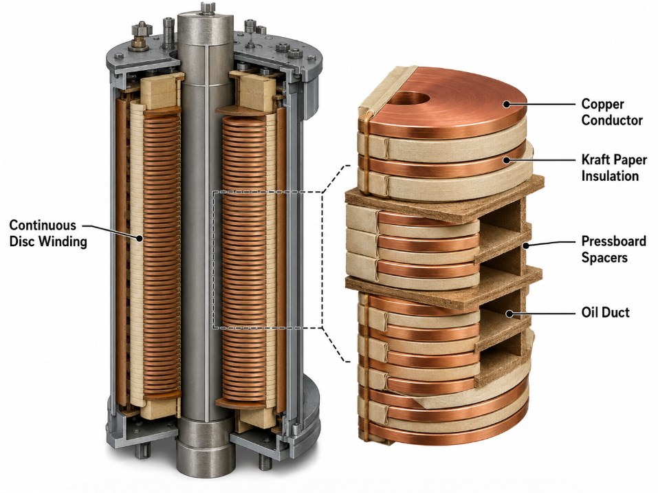 the pressboard spacers and Kraft paper insulation on a continuous disc winding