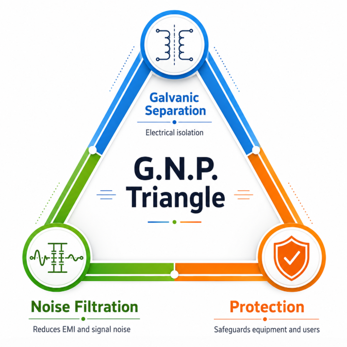 G.N.P. Triangle：Galvanic Separation, Noise Filtration, Protection