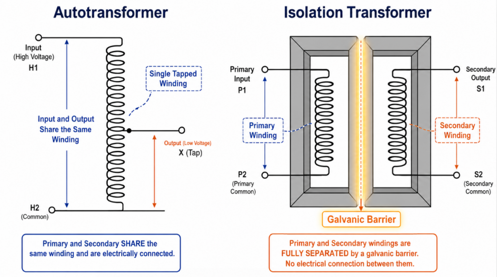 the single tapped winding of an autotransformer next to the separated primary/secondary windings of an isolation transformer