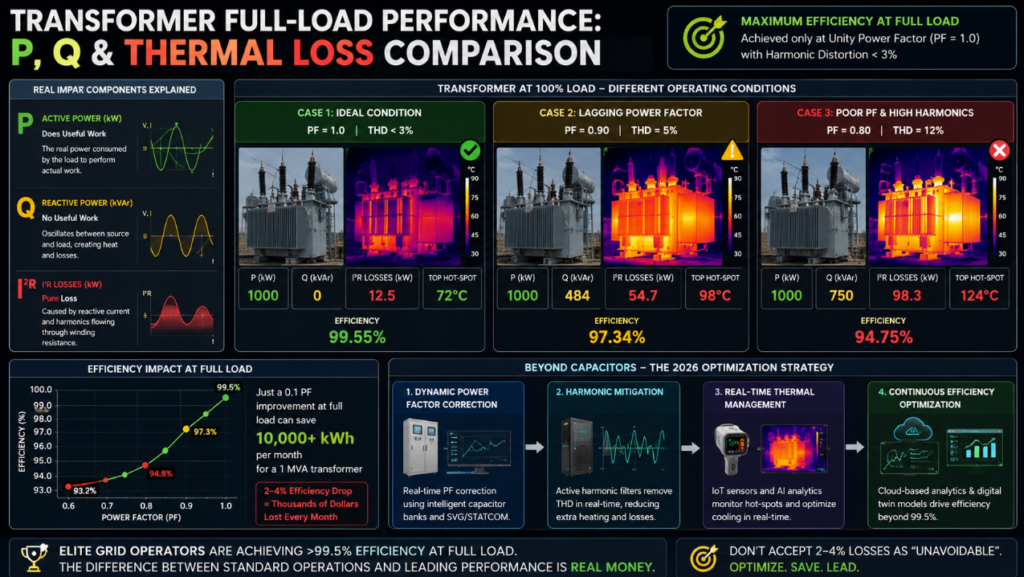 Comparison of Active Power, Reactive Power, and Thermal Imaging Losses in a Transformer Under Full Load