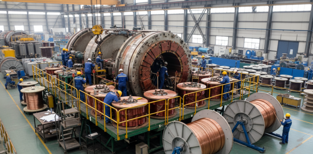 a high-quality schematic or factory photo of a 200+ MVA Large Power Transformer being assembled