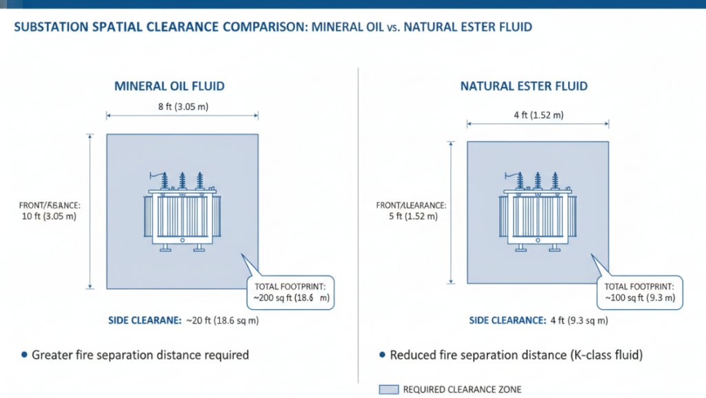 a chart or visual comparison showing the spatial clearance requirements of Mineral Oil vs. Natural Ester fluid in a substation footprint.
