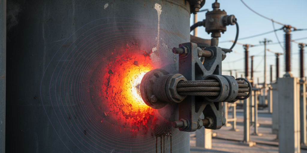 a thermal imaging photo showing a localized hot spot on a transformer tank wall caused by stray flux eddy currents