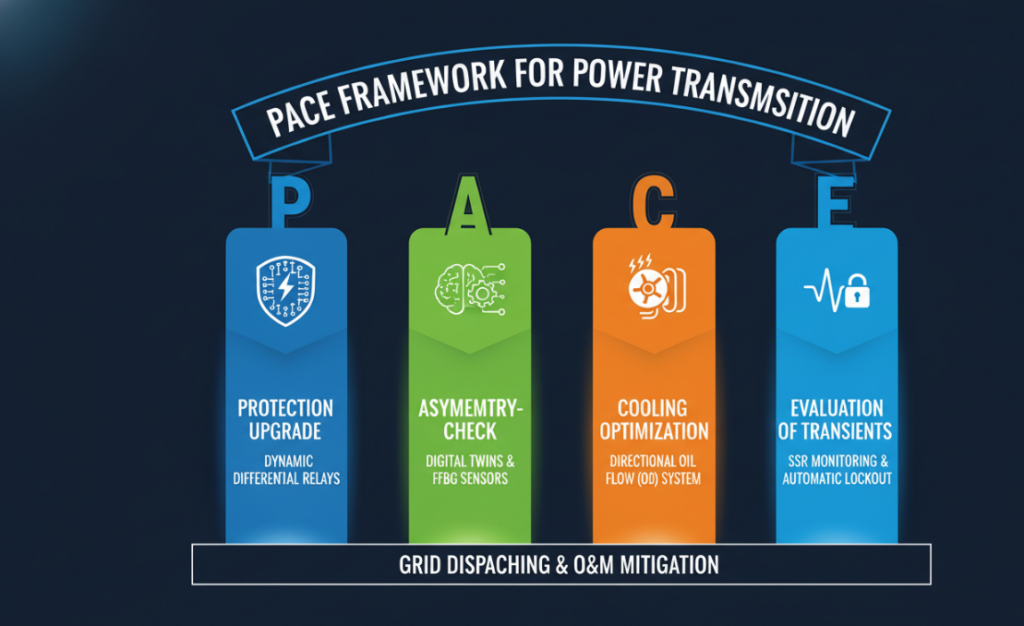a custom-designed infographic illustrating the PACE framework. Use a four-pillar architectural graphic with clear, high-contrast engineering icons