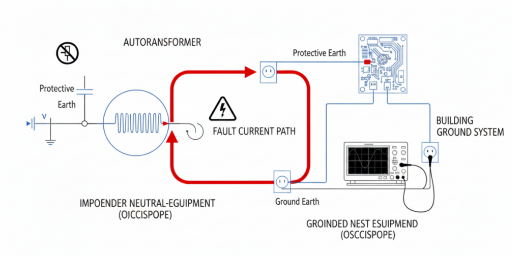 the current path of a ground loop short-circuit when an autotransformer is misused with grounded test equipment.