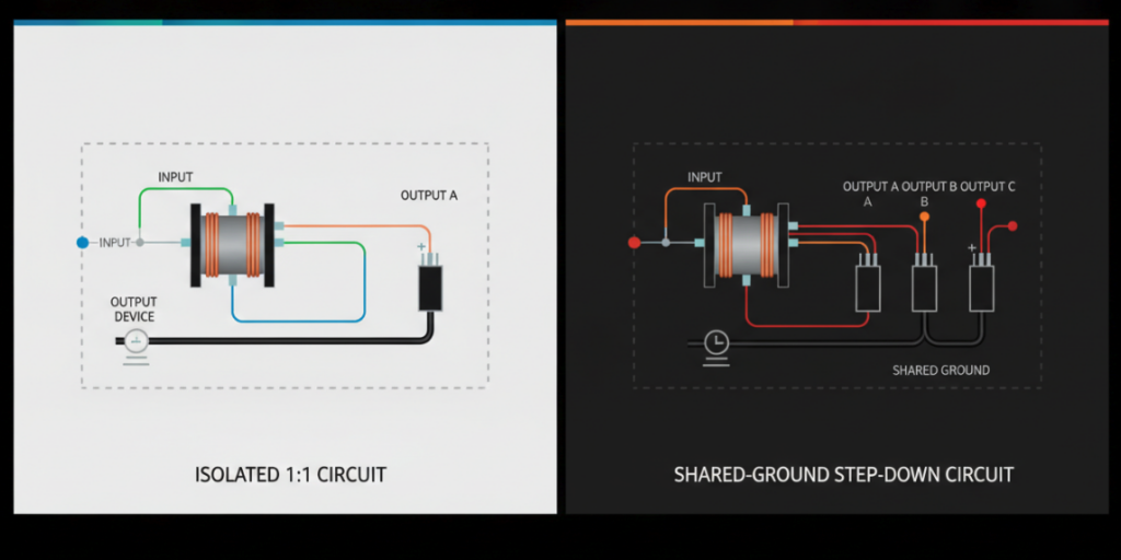 a high-contrast infographic here showing a 1:1 isolated circuit vs. a shared-ground step-down circuit