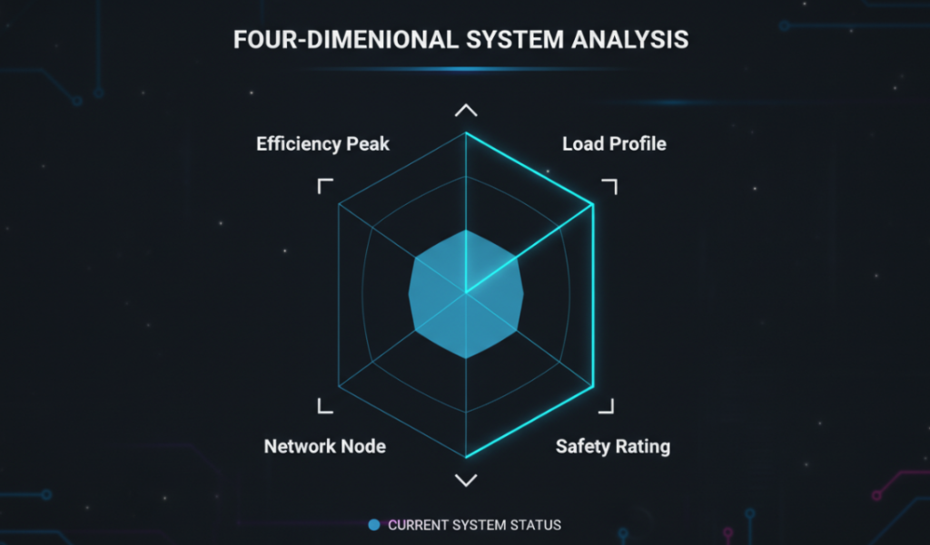 a 4-dimensional radar chart or flowchart here clearly marking the four dimensions: Load Profile, Efficiency Peak, Network Node, Safety Rating