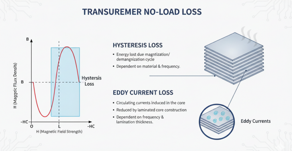 a professional infographic explaining the B-H Curve and the formation of eddy currents. Set the image ALT text to: Physics of transformer no-load loss including hysteresis and eddy currents