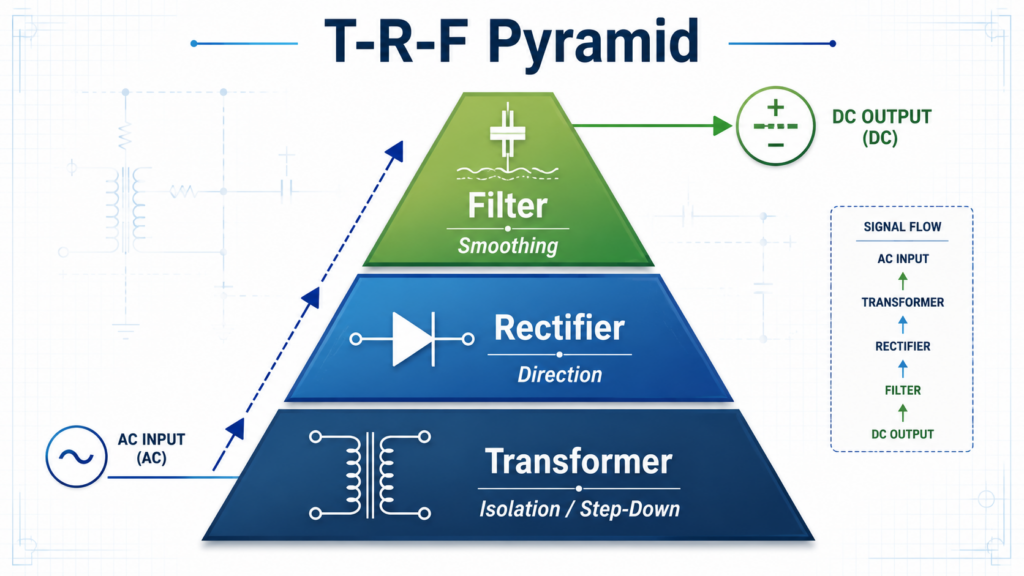 An Infographic Showing The T-R-F Pyramid: The Filter (Smoothing) At The Top, The Rectifier (Direction) In The Middle, And The Transformer (Isolation/Step-Down) At The Bottom.