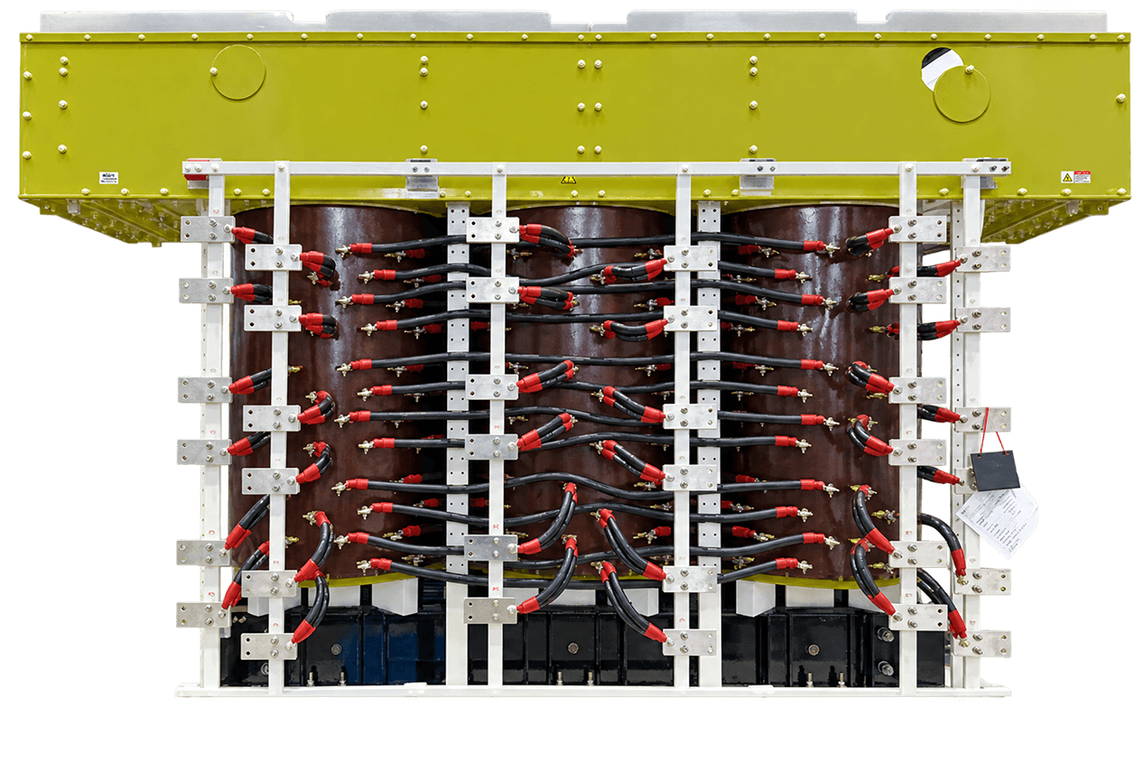 Four 11,000 kVA dry-type rectifier transformer units arranged for a medium voltage drive system