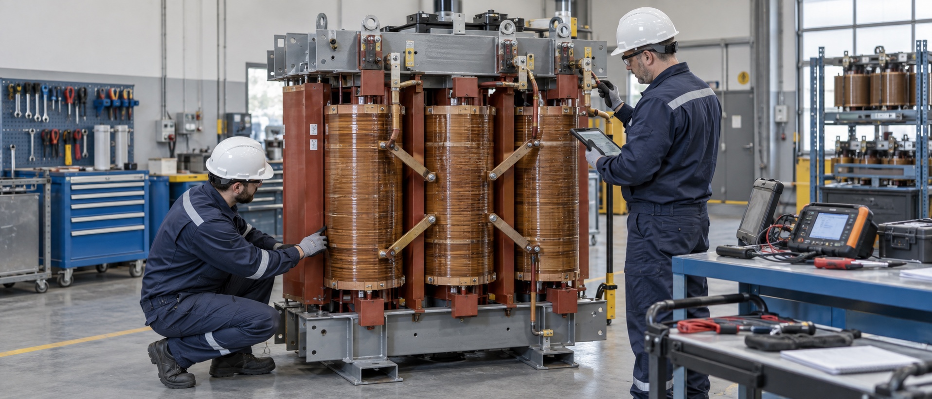 Technicians inspecting a de-energized dry-type power transformer during repair assessment