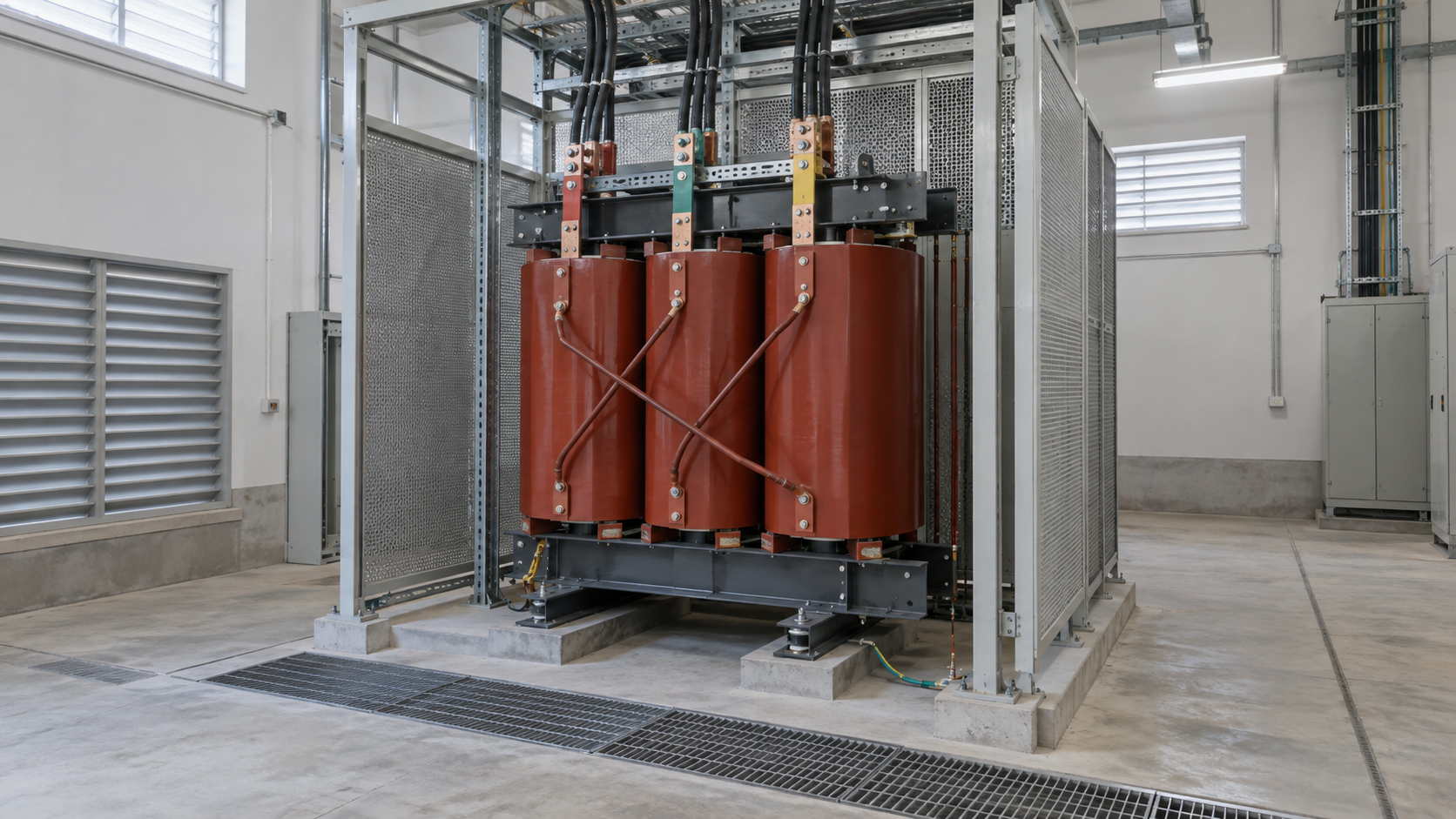 Medium-voltage dry-type transformer installed in an indoor electrical room with ventilation and maintenance clearance.