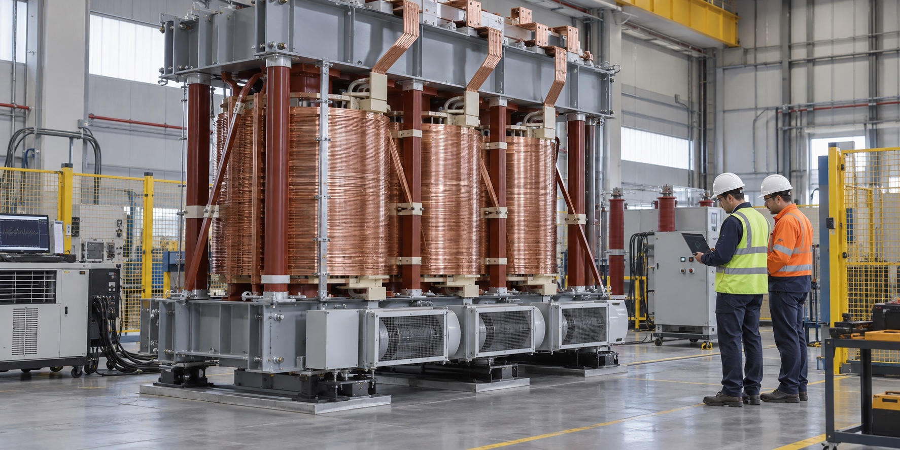 Engineers inspecting a dry-type rectifier transformer in a factory test bay