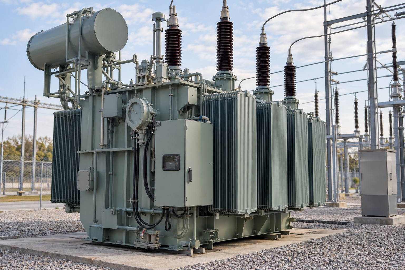Oil-immersed regulating transformer with tap-changer control cabinet in a power substation