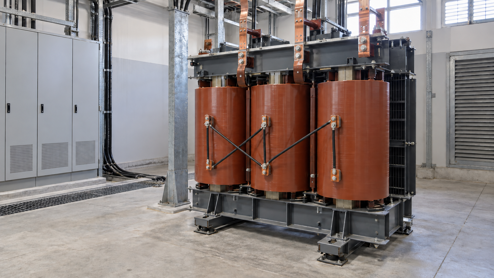 Three-phase resin-cast dry-type transformer in an indoor electrical room, showing cast coils, copper busbars, and ventilation space.