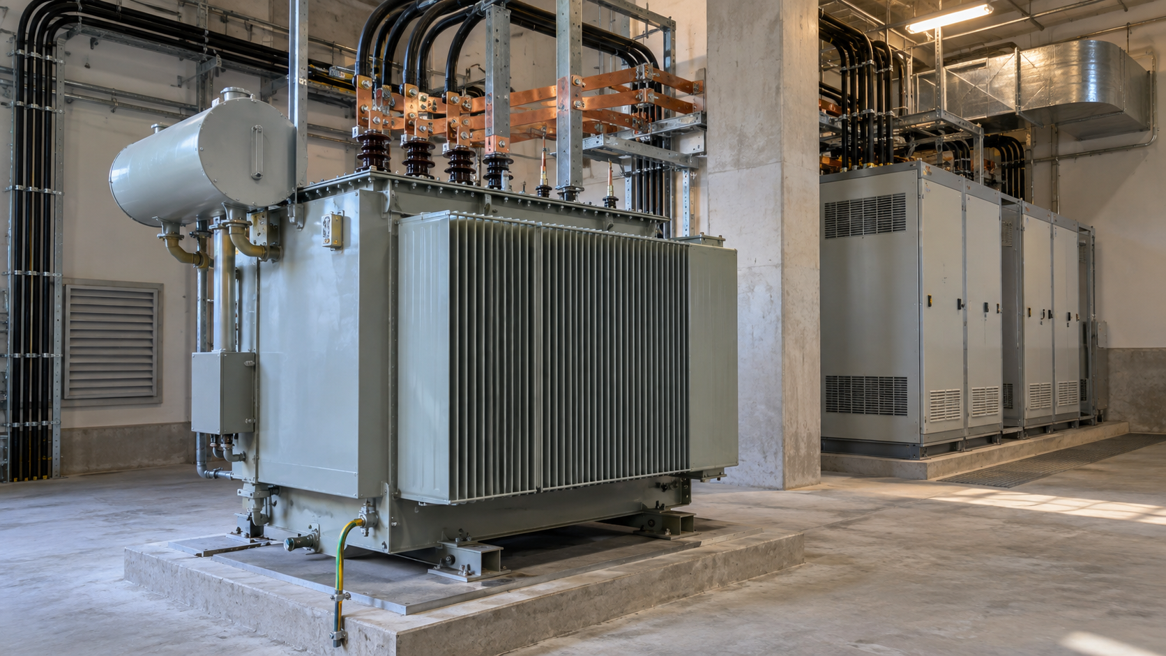 Three-phase distribution transformer in an industrial substation with secondary busbars and outgoing cables.